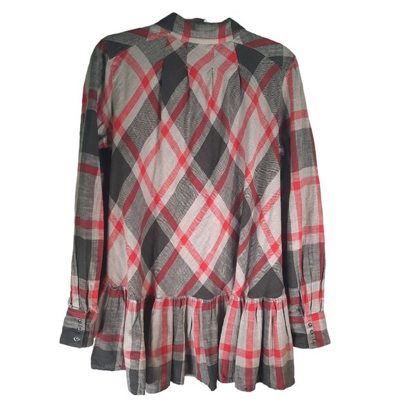 Free People Peppy In Plaid Gray Red Button Up Ruffle Back Oversized Blouse - Picture 10 of 11
